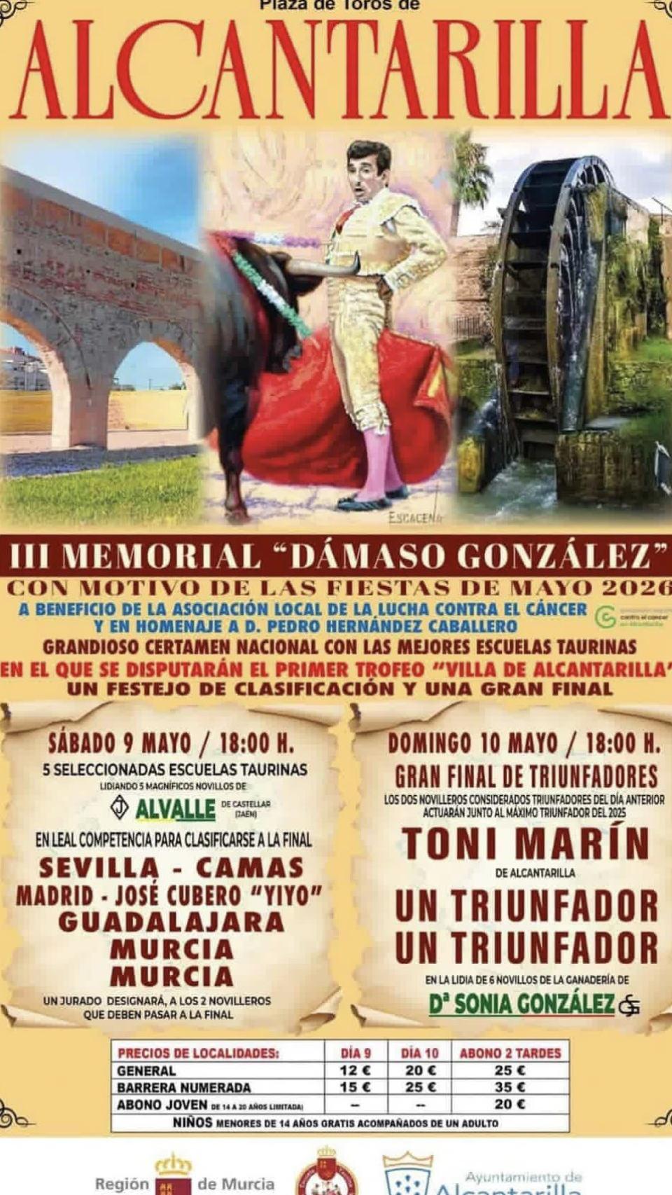 Cartel de las novilladas del III Memorial “Dámaso González” en Alcantarilla
