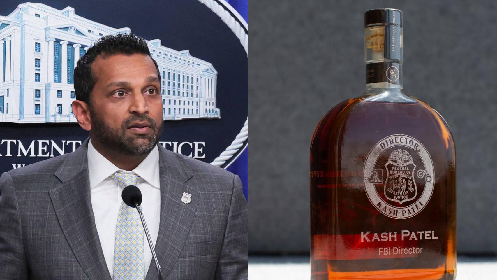 Kash Patel, director del FBI, y una de sus botellas de whisky personalizadas que publica 'The Atlantic'.