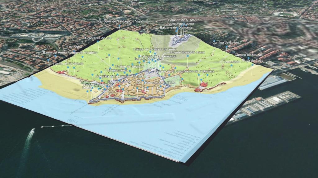 Recreación 3D de la muralla sobre el plano actual de Vigo.
