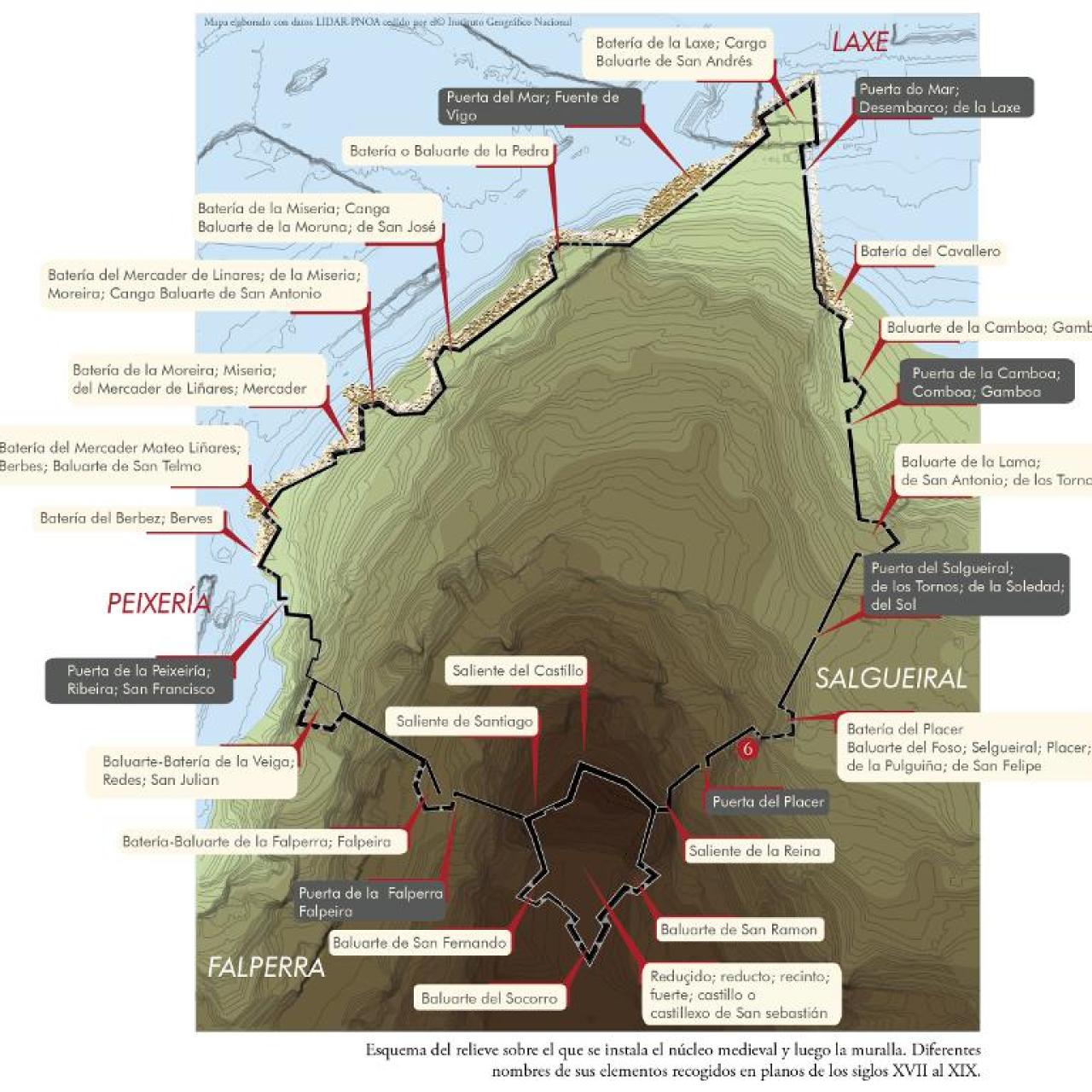 Mapa de la muralla, con sus puertas y baluartes.