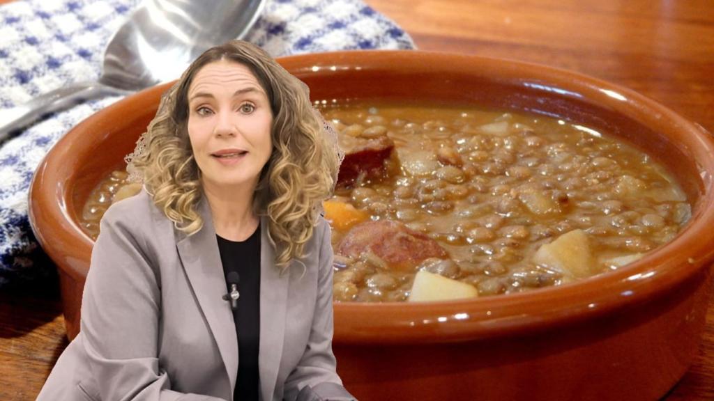 Composición de Ángela Quintas y un plato de lentejas.