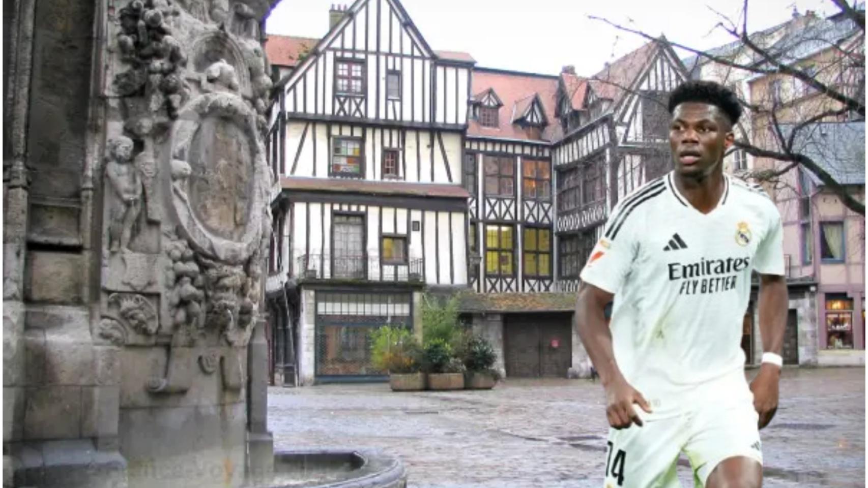 Montaje de la ciudad de Rouen y Aurelien Tchouaméni.
