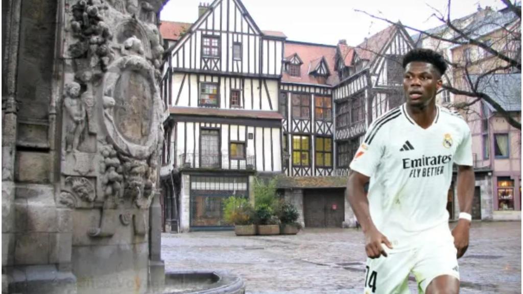 Montaje de la ciudad de Rouen y Aurelien Tchouaméni.