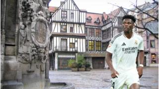 Montaje de la ciudad de Rouen y Aurelien Tchouaméni.