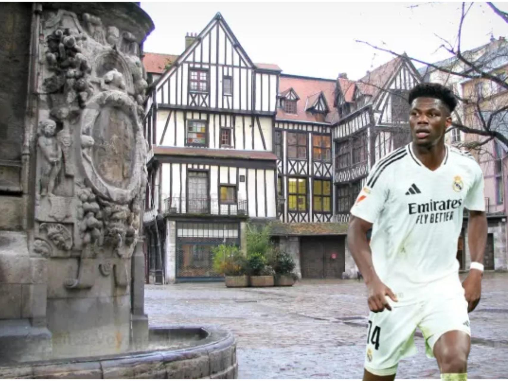 Montaje de la ciudad de Rouen y Aurelien Tchouaméni.