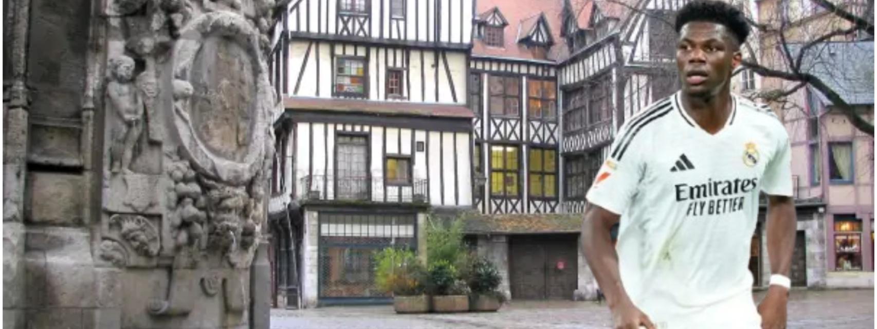 Montaje de la ciudad de Rouen y Aurelien Tchouaméni.