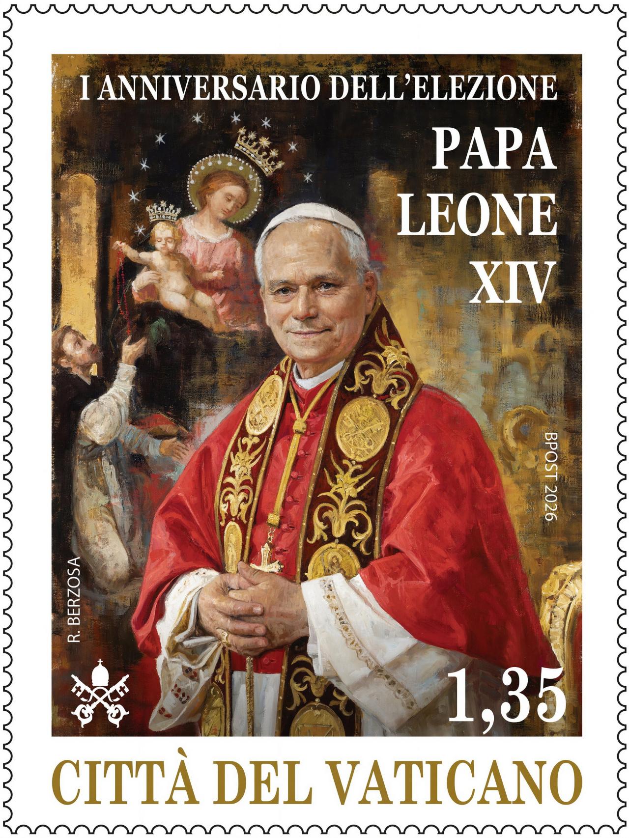 El sello conmemorativo del primer aniversario de la elección del papa León XIV, ilustrado por Raúl Berzosa para la Filatelia Vaticana.