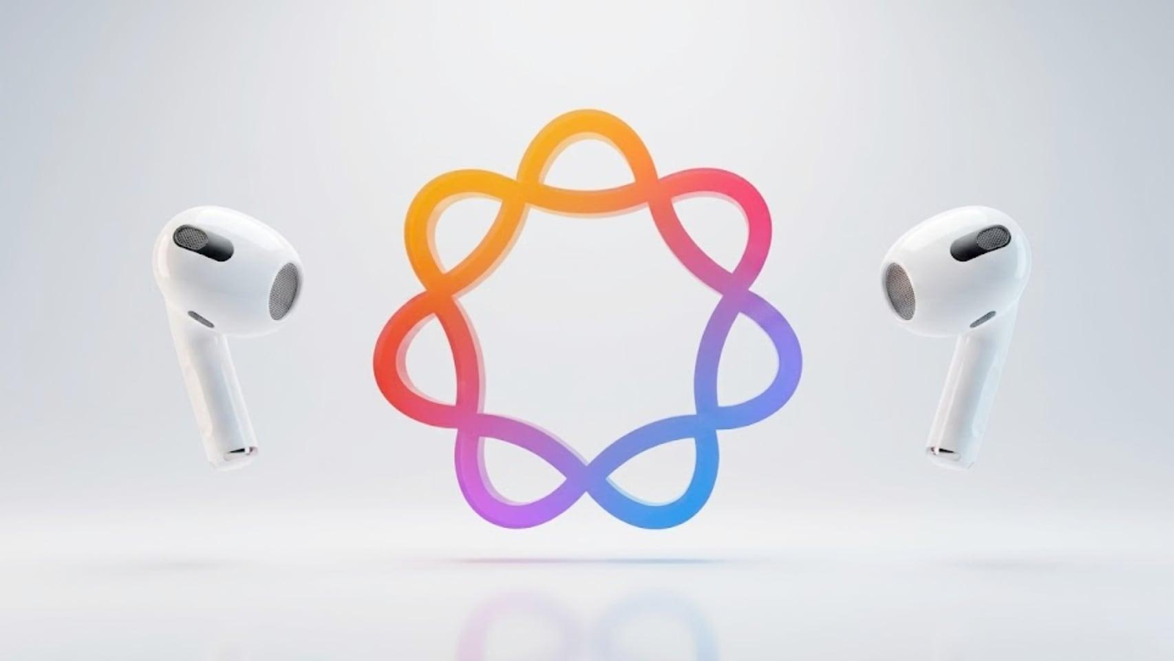 Logo de la nueva Siri con unos Airpods
