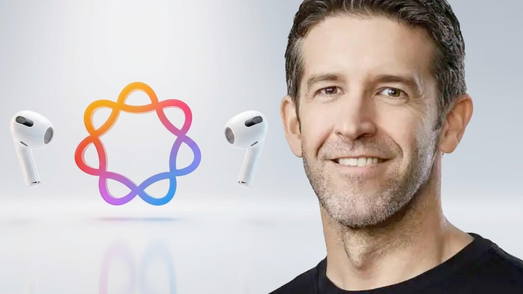 John Ternus y el logo de la nueva Siri con unos Airpods