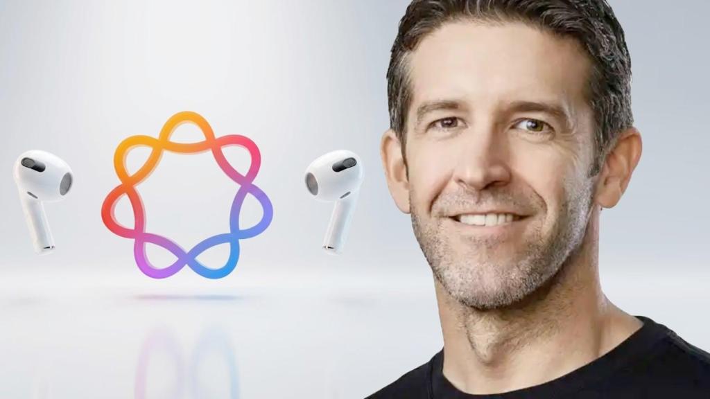 John Ternus y el logo de la nueva Siri con unos Airpods