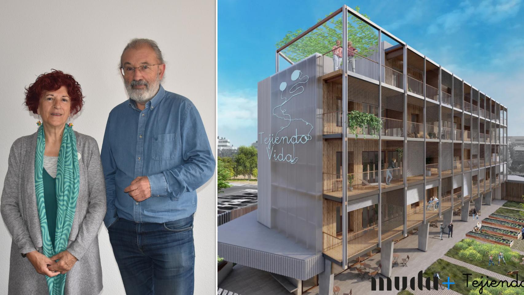 Los miembros de Tejiendo Vida Maite Rodríguez y Martín Barrientos y la infografía de las viviendas colaborativas en Valladolid, en un montaje de EL ESPAÑOL