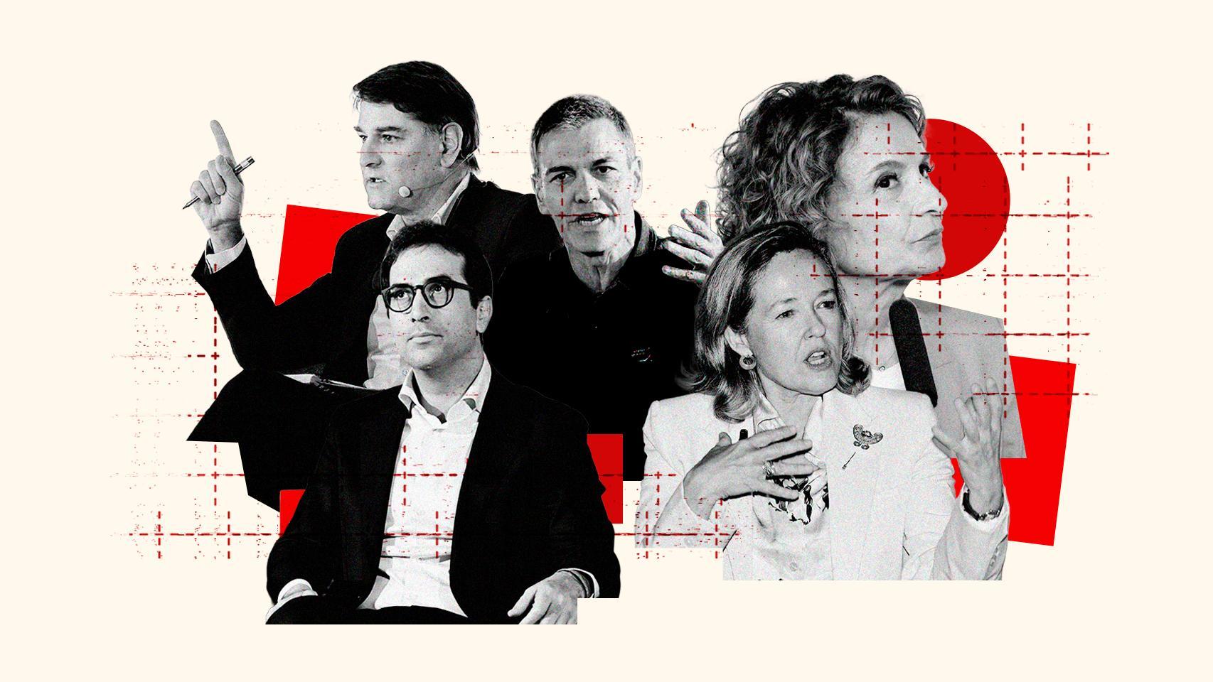 Manuel de la Rocha, Carlos Cuerpo, Pedro Sánchez, Nadia Calviño y María Jesús Montero.