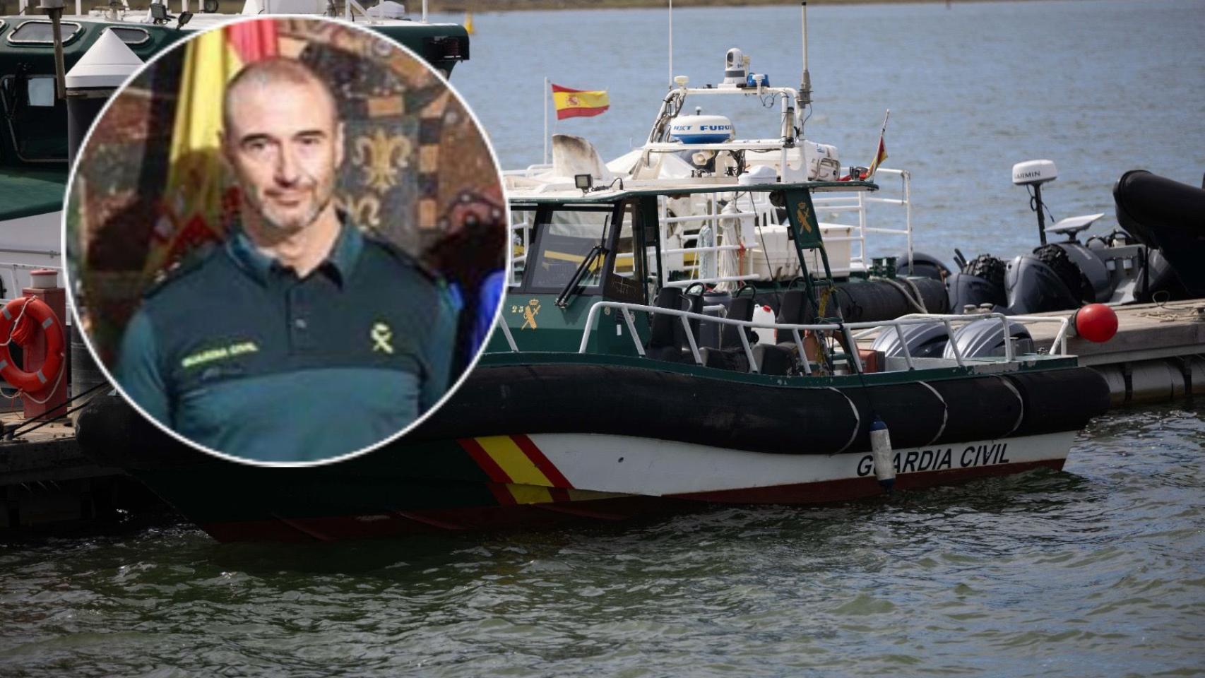 Montaje de una imagen del capitán Jerónimo y una embarcación de la Guardia Civil de Huelva.