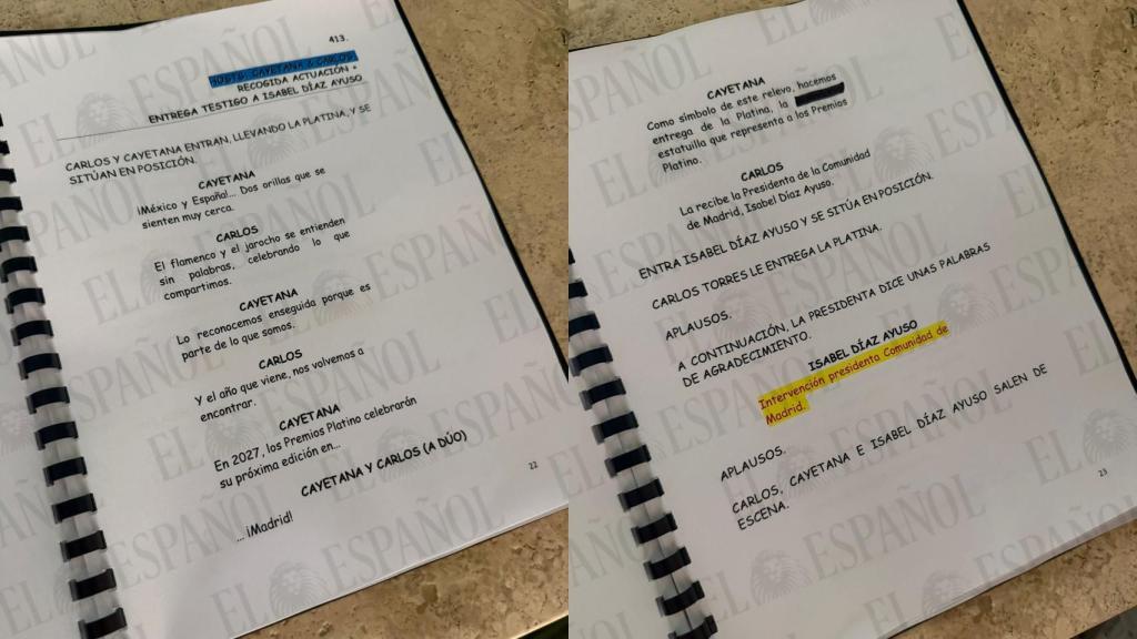 Guion de la gala de los Premios Platino donde figura que Ayuso iba a subir este sábado al escenario.