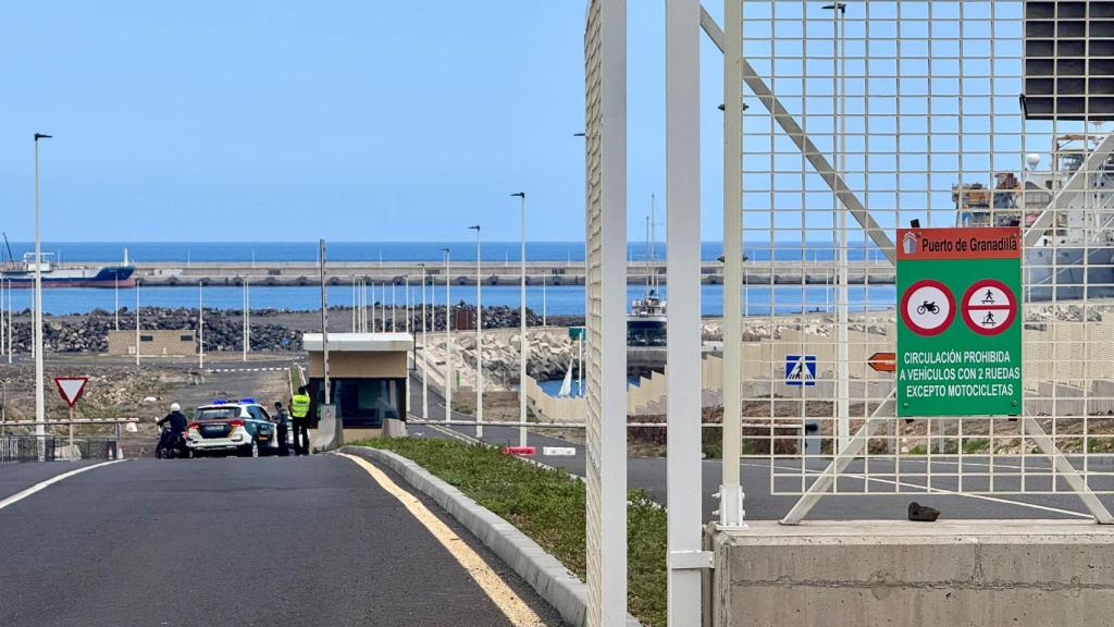 La Guardia Civil controla el acceso al puerto de Granadilla, al que este sábado no han dejado de entrar vehículos policiales de diferentes unidades.