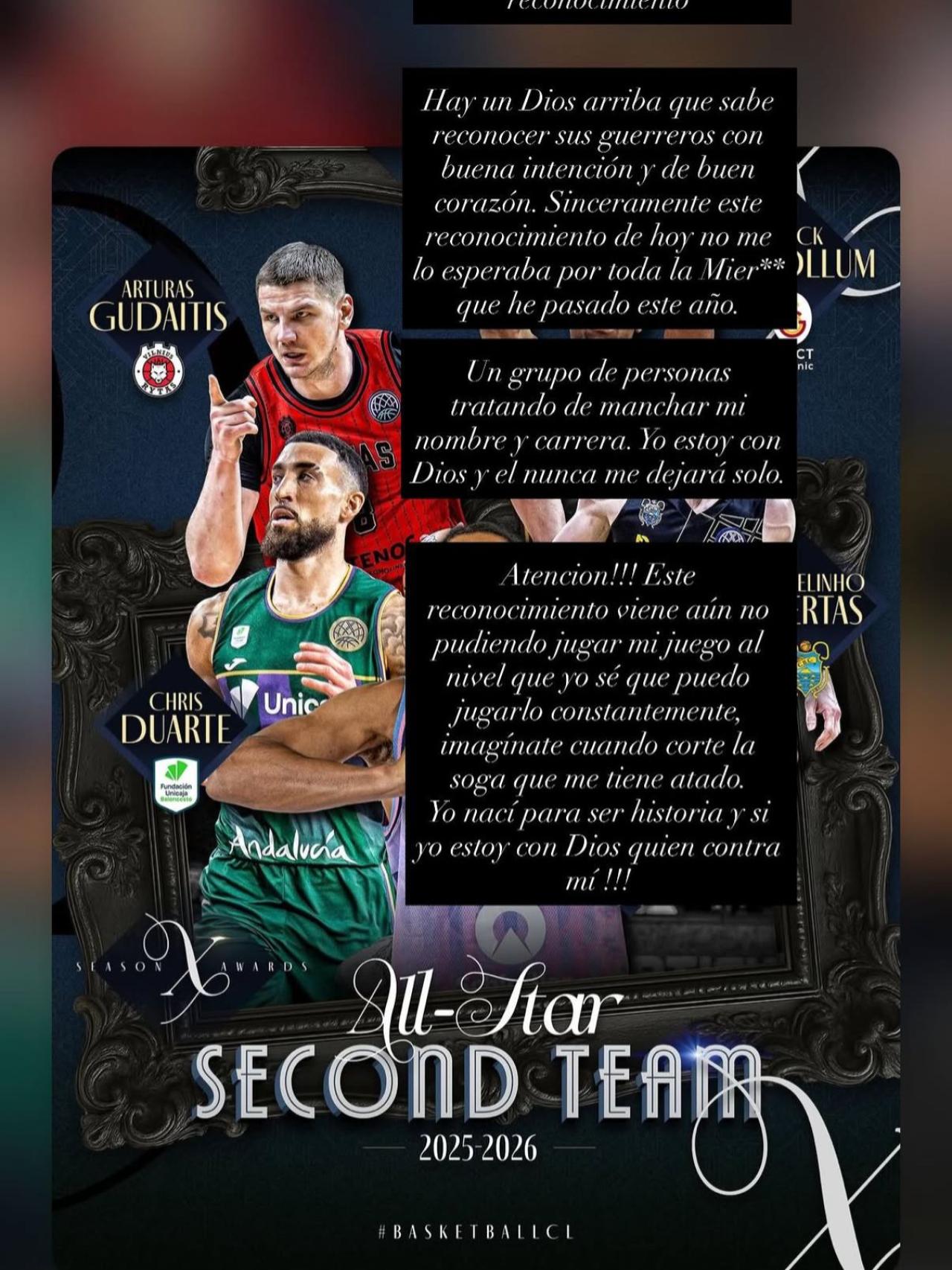Mensaje del escolta del Unicaja, Chris Duarte en sus redes sociales.