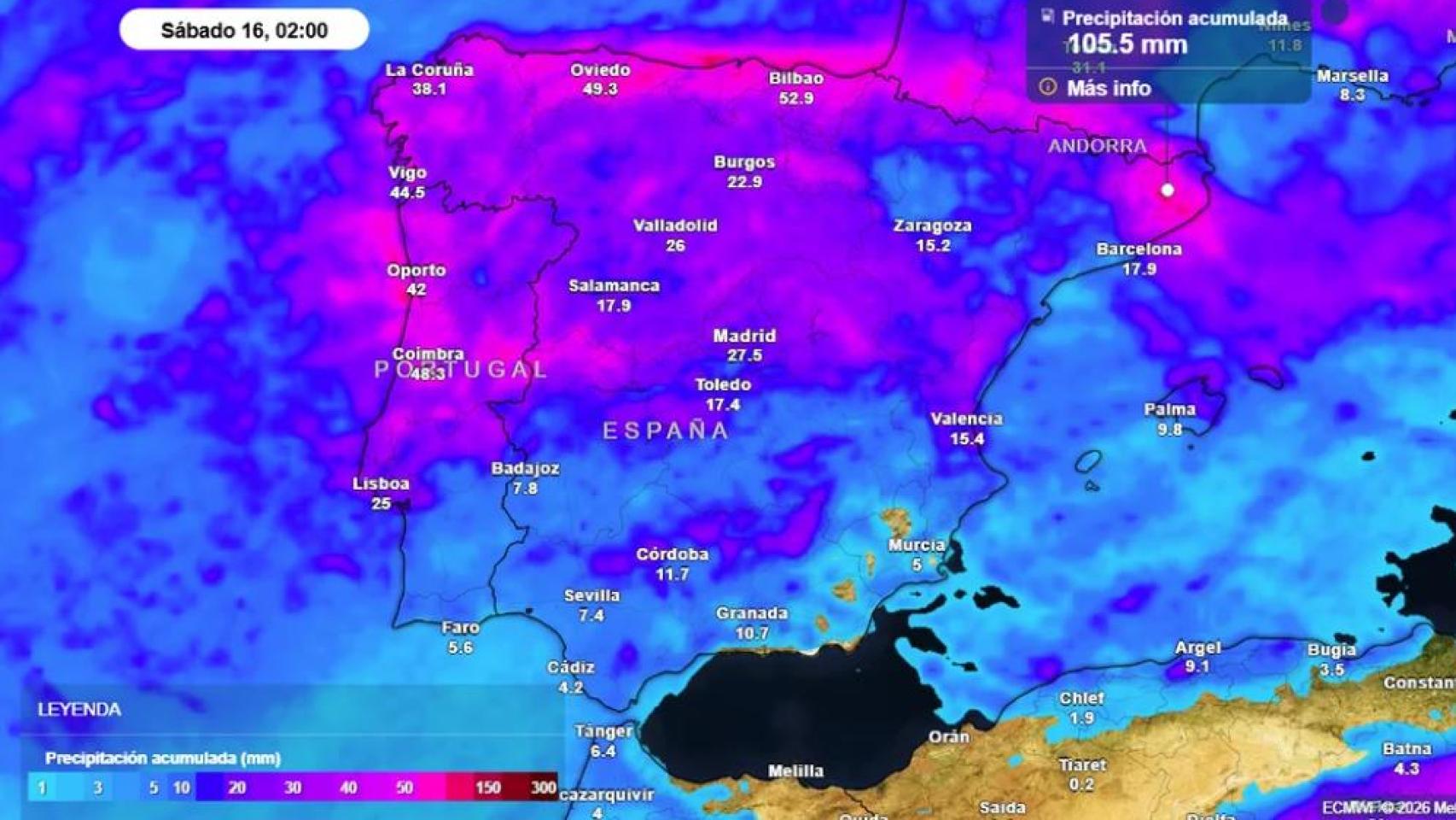 Precipitación acumulada hasta el próximo sábado. Foto: Meteored. 