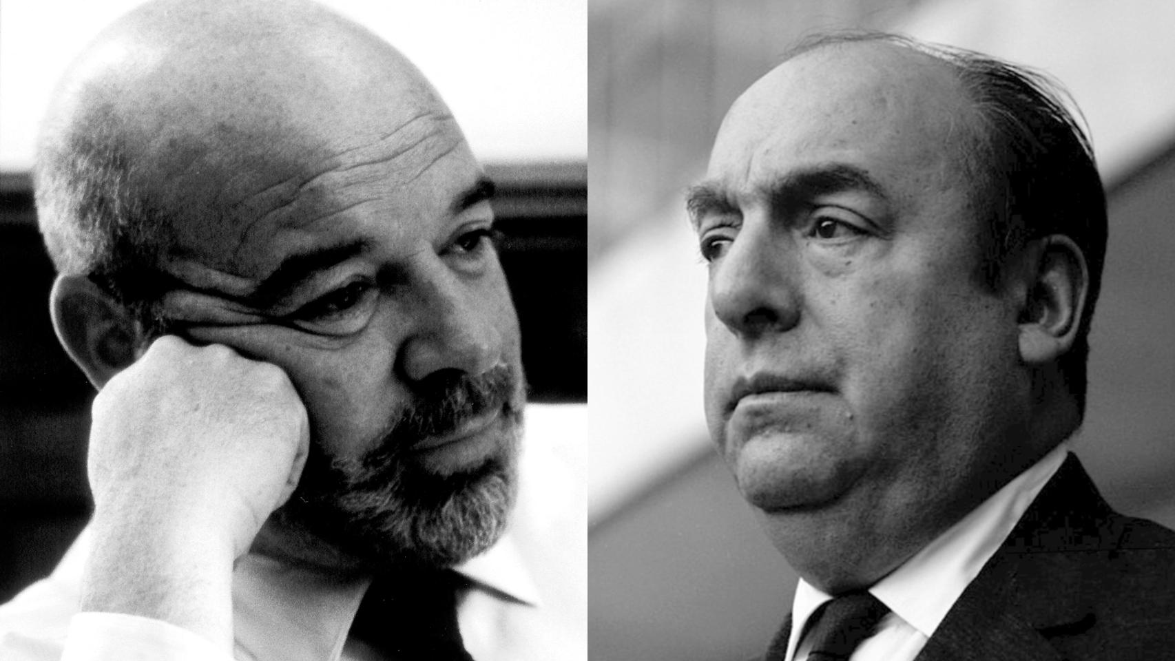 Los escritores Jaime Gil de Biedma (i) y Pablo Neruda (d)