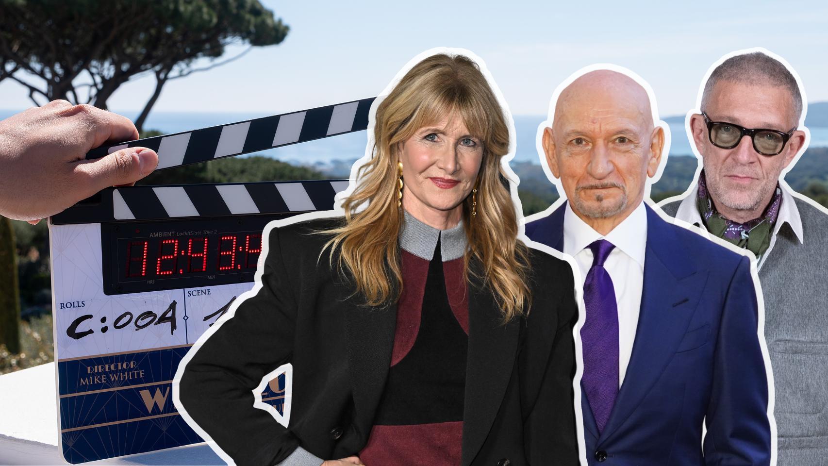 Foto de una claqueta de 'The White Lotus' en la Costa Azul francesa, compartida por HBO. A la derecha, Laura Dern, Ben Kingsley y Vincent Cassel. Fotos: Gtres
