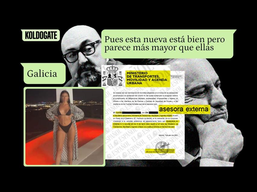Koldo García y José Luis Ábalos, junto a los mensajes sobre una de las prostitutas que les acompañó a Santiago de Compostela y el Salvoconducto emitido por el Ministerio para que pudieran viajar las mujeres.