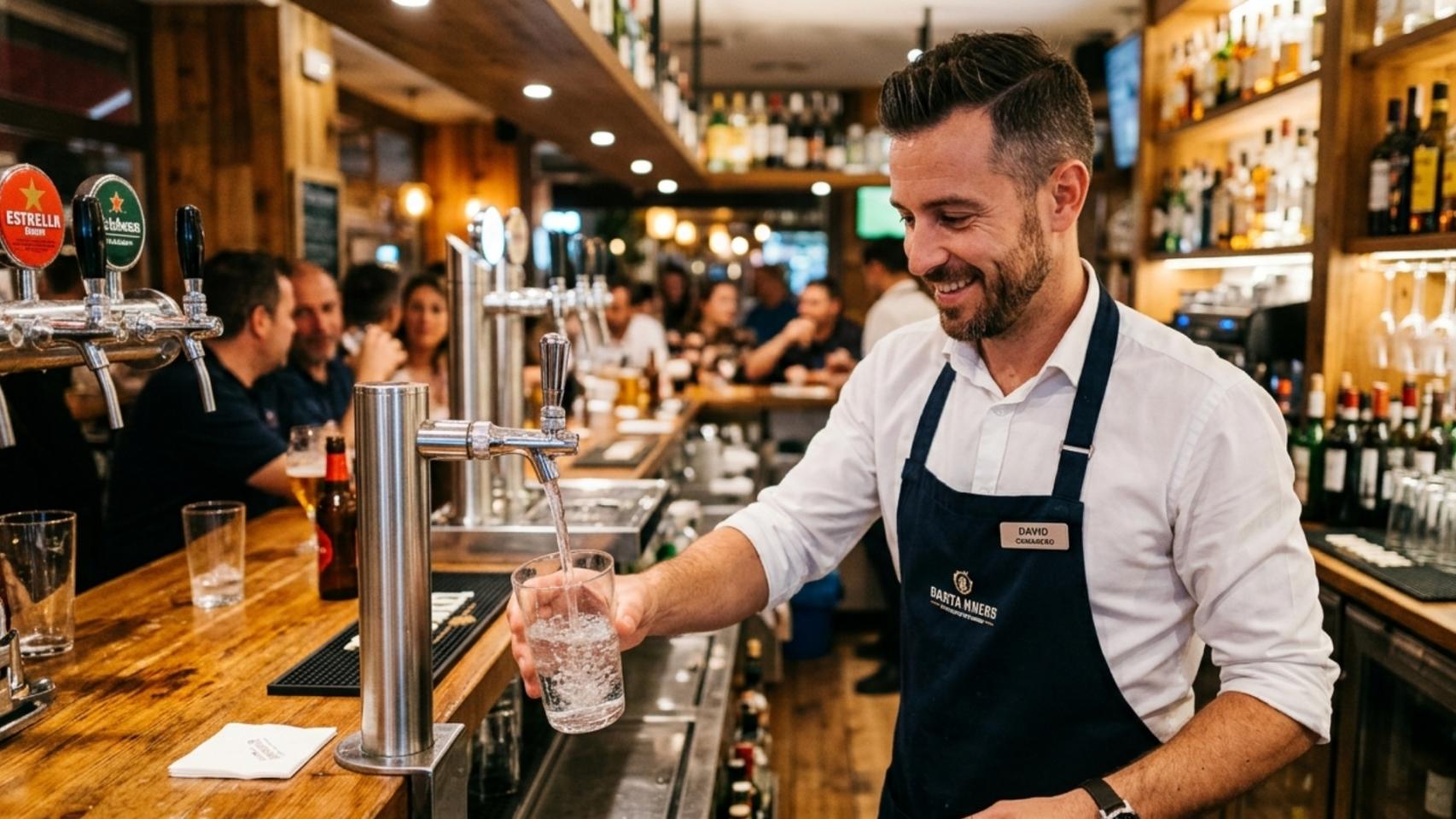 Imagen de un camarero llenando un vaso de agua en un bar. 