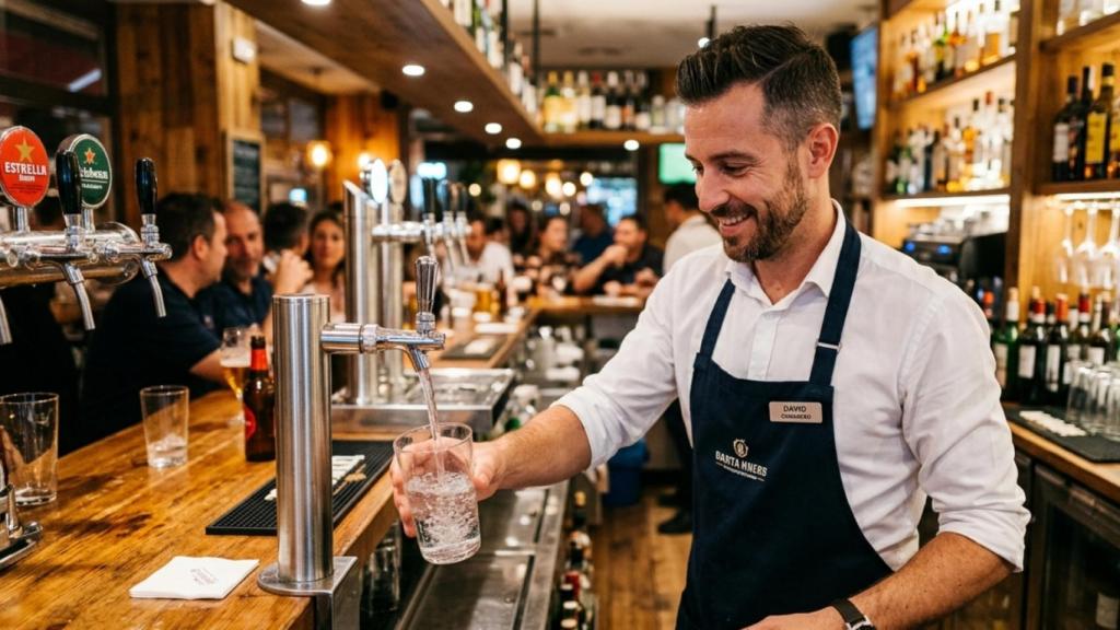 Imagen de un camarero llenando un vaso de agua en un bar. 