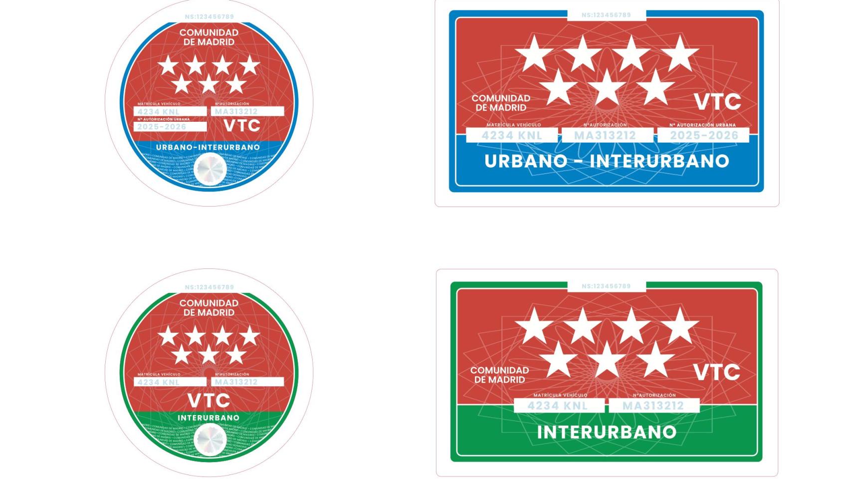 Nuevas pegatinas para identificar las VTC que prevé aprobar la Comunidad de Madrid. 