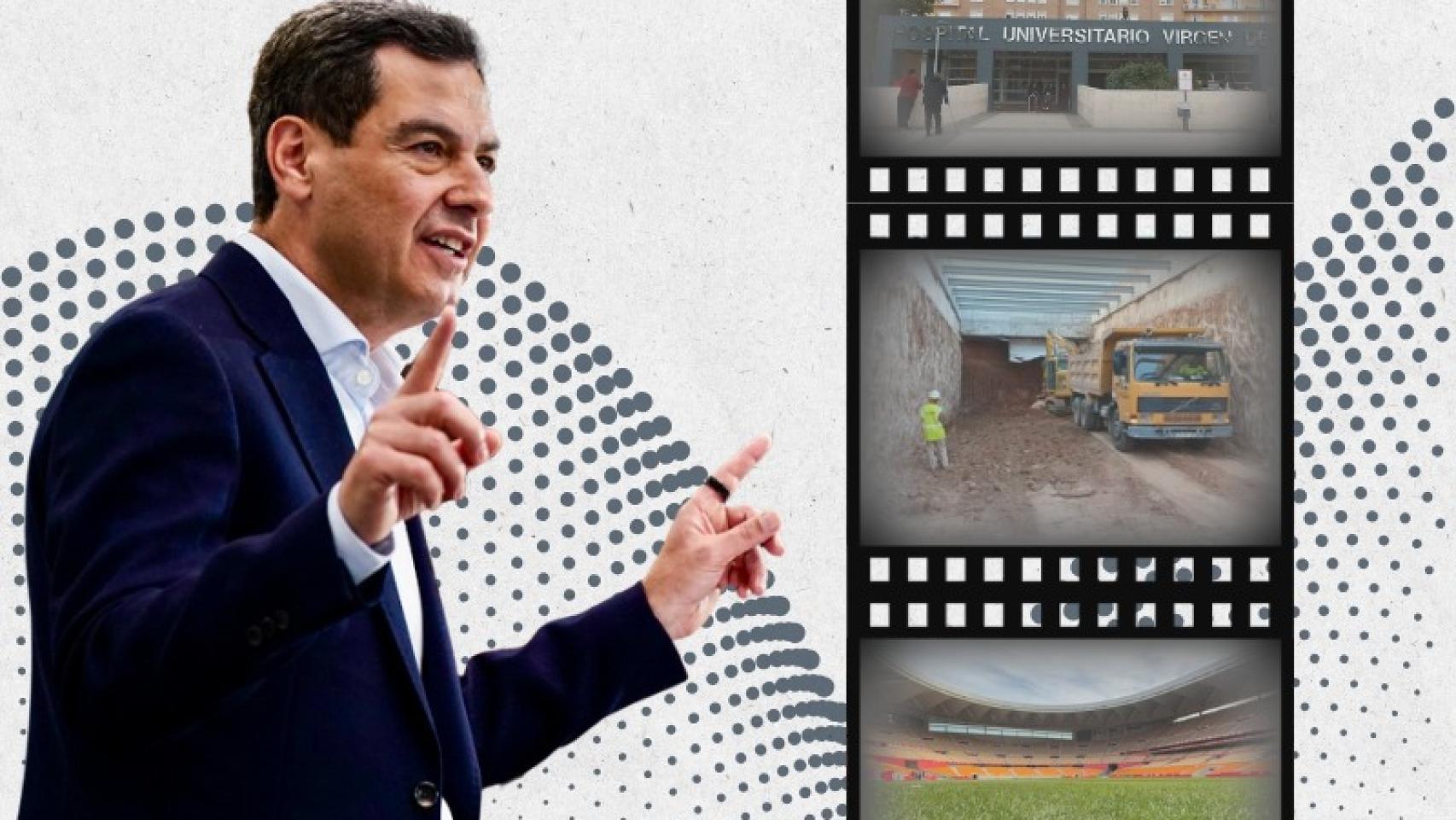 Collage de Juanma Moreno, presidente andaluz, y del Virgen del Rocío, obras del metro y Estadio de La Cartuja. 