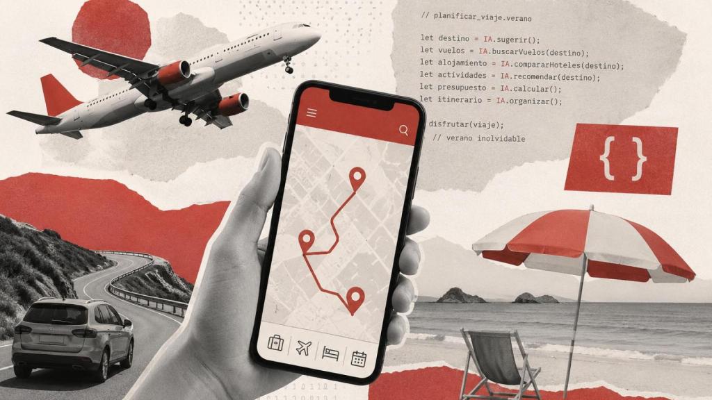 Ilustración sobre el uso de la IA en la organización de viajes turísticos