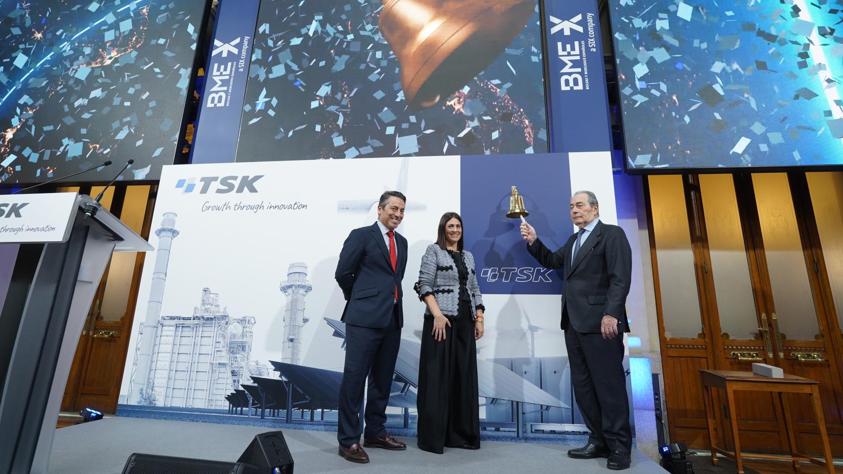 El CEO de TSK, Joaquín García, la vicepresidenta de TSK, Beatriz García, y el presidente y fundador de TSK, Sabino García.
