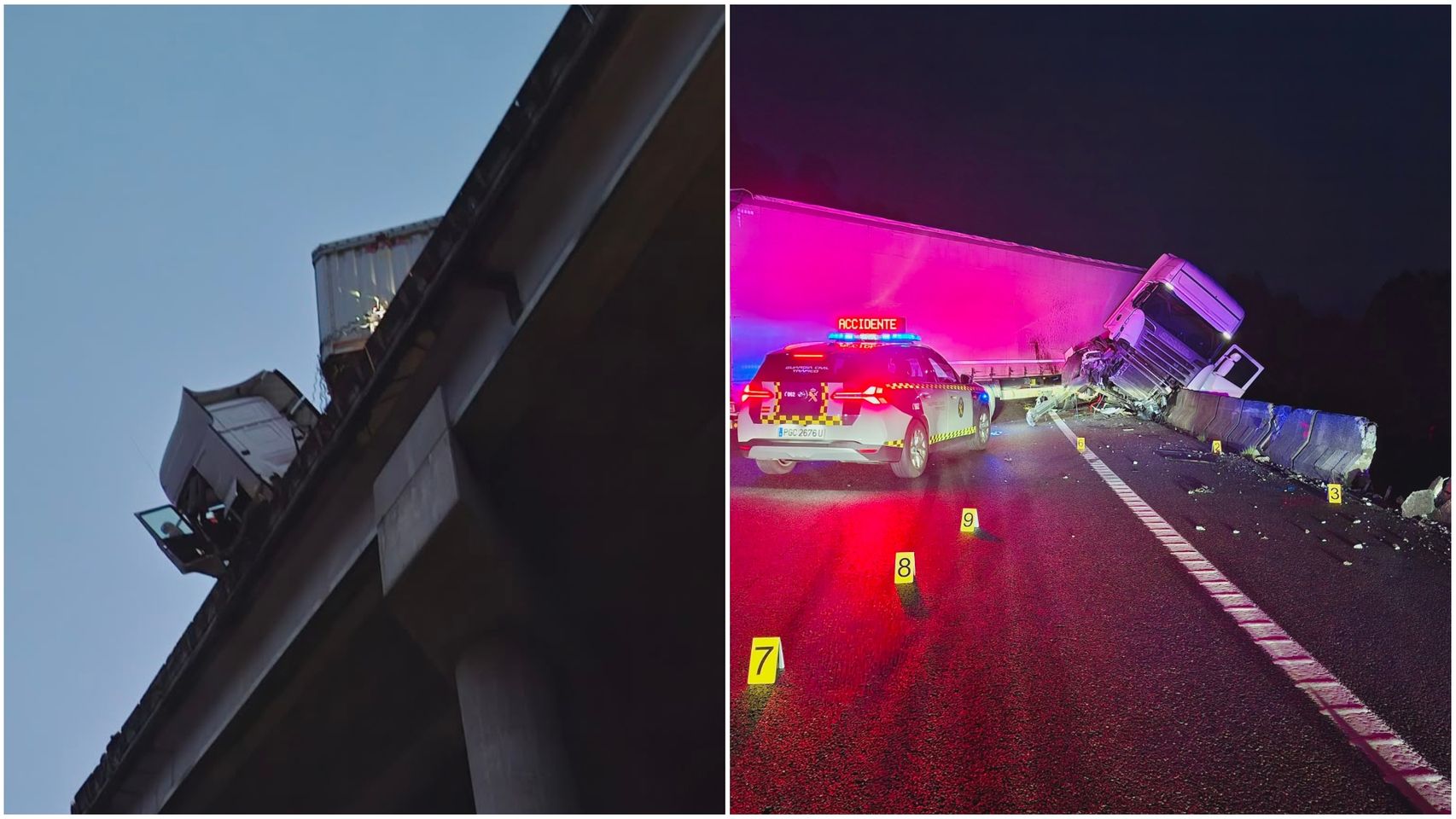 Muere un transportista en Melón (Ourense) tras quedar suspendida la cabeza tractora del camión sobre un viaducto y precipitarse al vacío