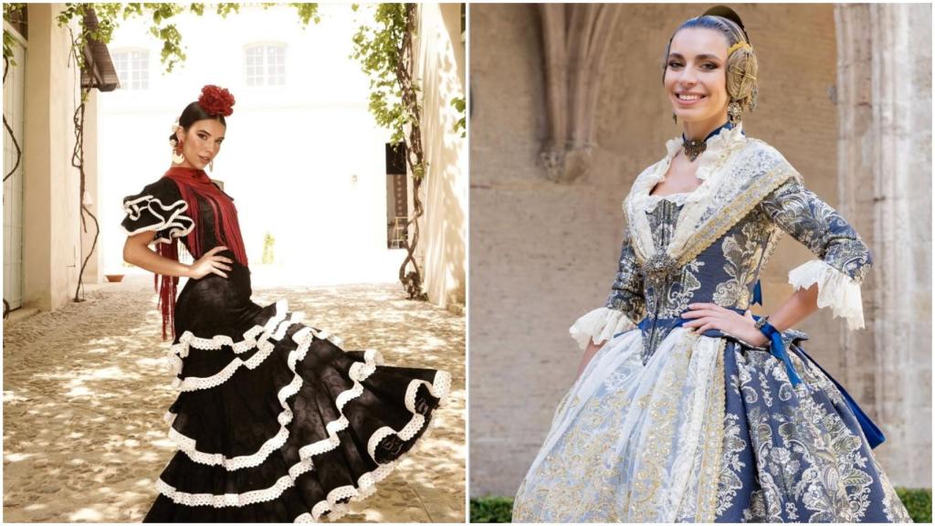 Elena Gortari a la izquierda vestida de flamenca, y Aitana Soriano vestida de fallera.