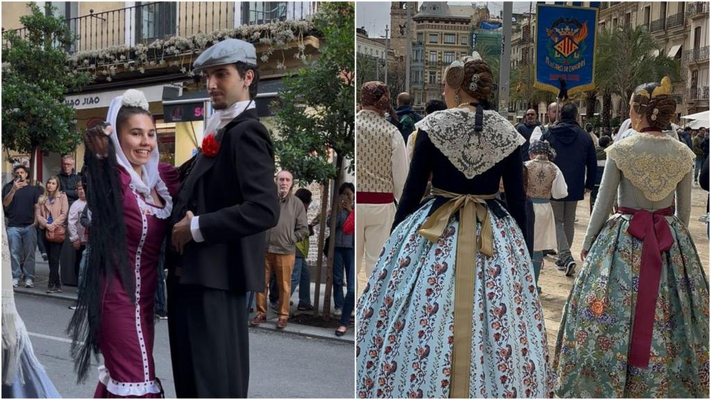 Pareja de chulapos en el centro de Madrid y pareja de falleras en Valencia. 