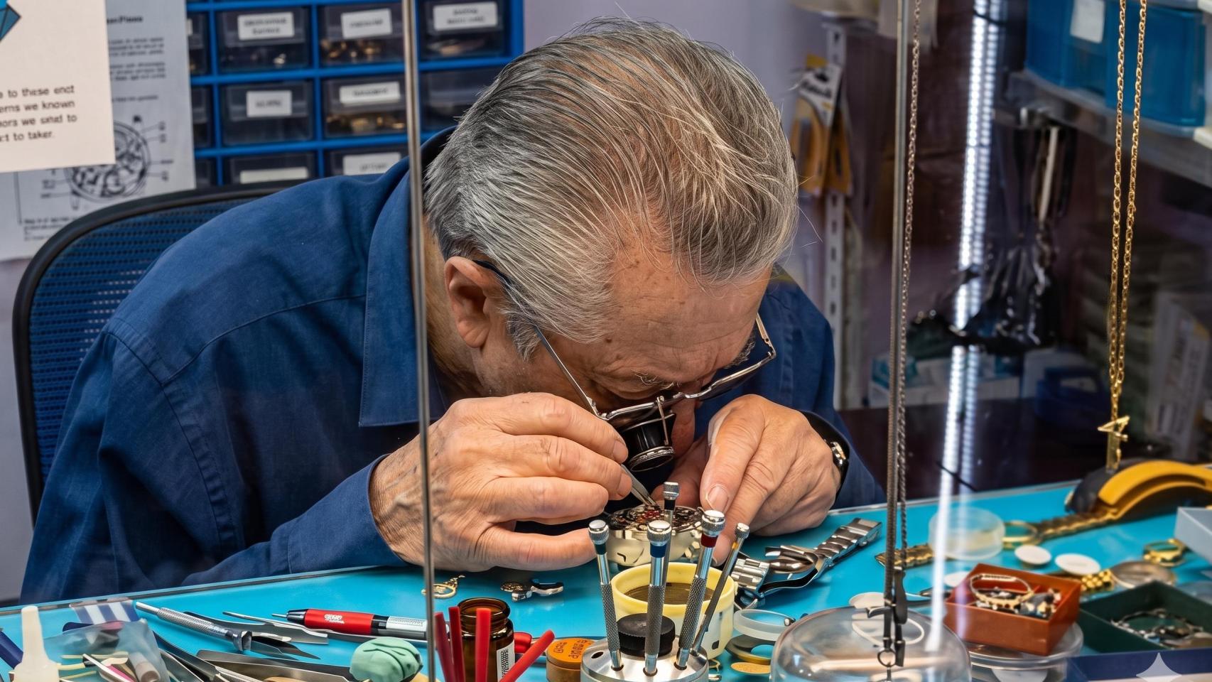 Teo, arreglando un reloj en su negocio. 