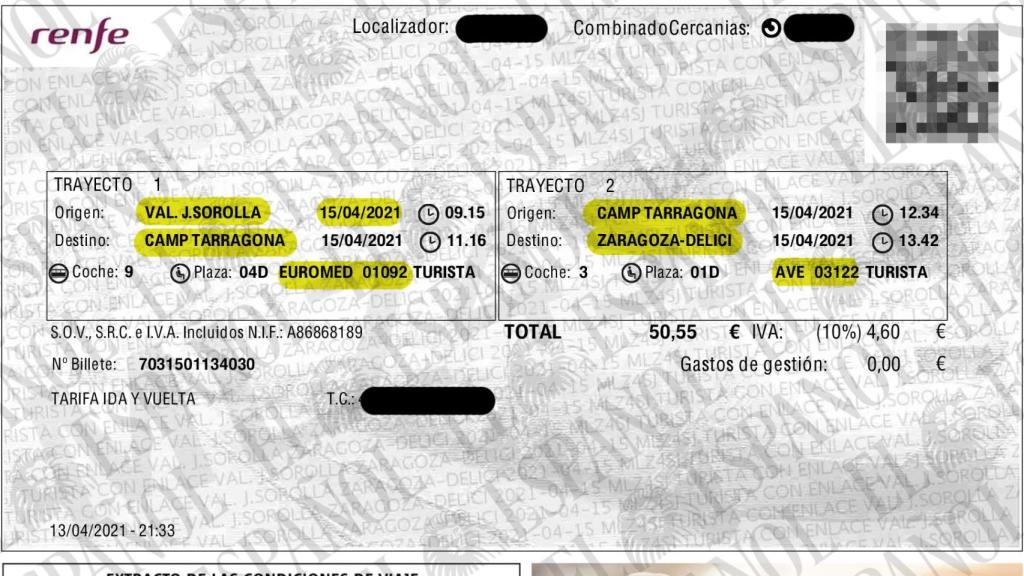 Billete de ida entre Valencia y Zaragoza.