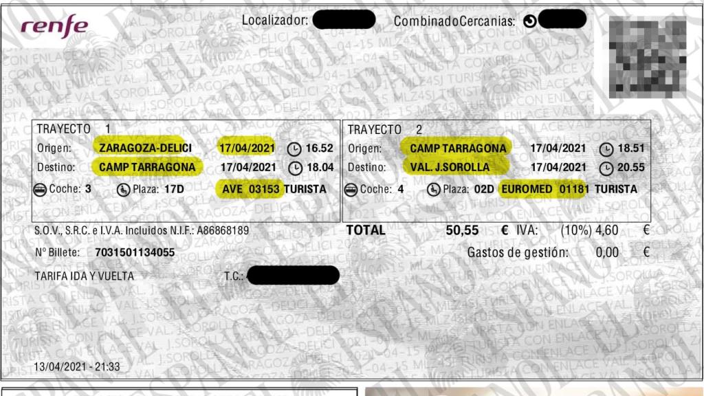 Billete de vuelta entre Zaragoza y Valencia