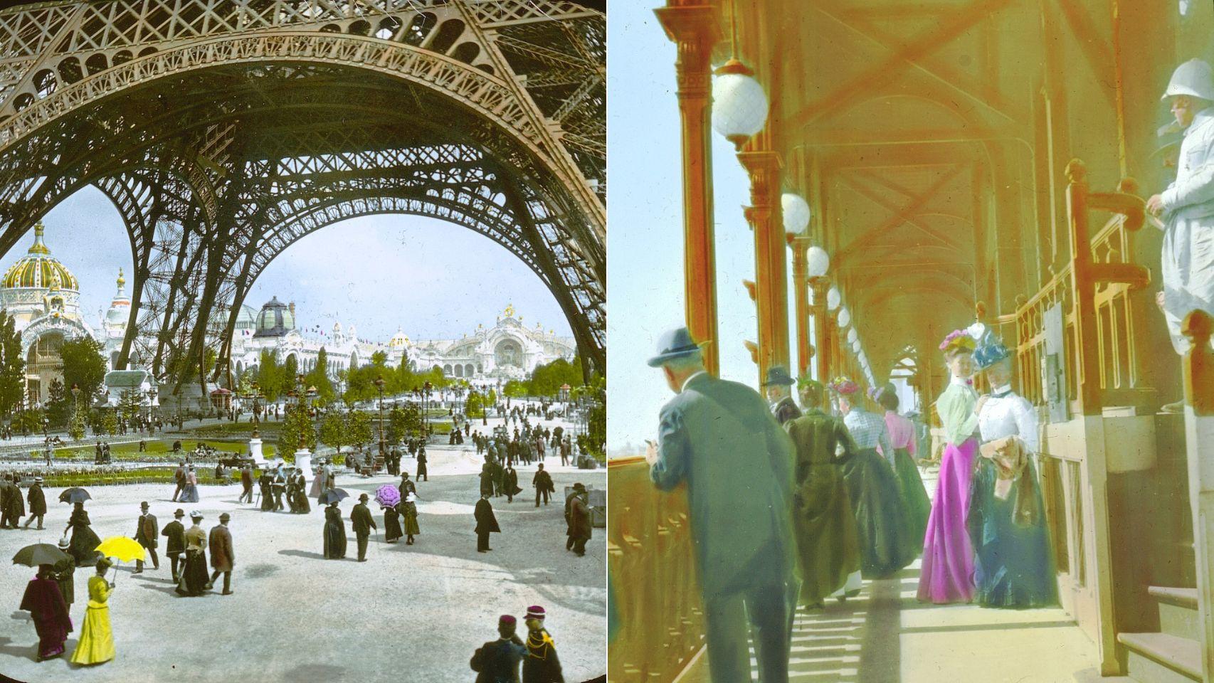 A la izquierda, Campo de Marte y Torre Eiffel de París (Francia) durante la Exposición Universal de 1900; a la derecha, espectadores en el mirador del primer piso de la Torre Eiffel.