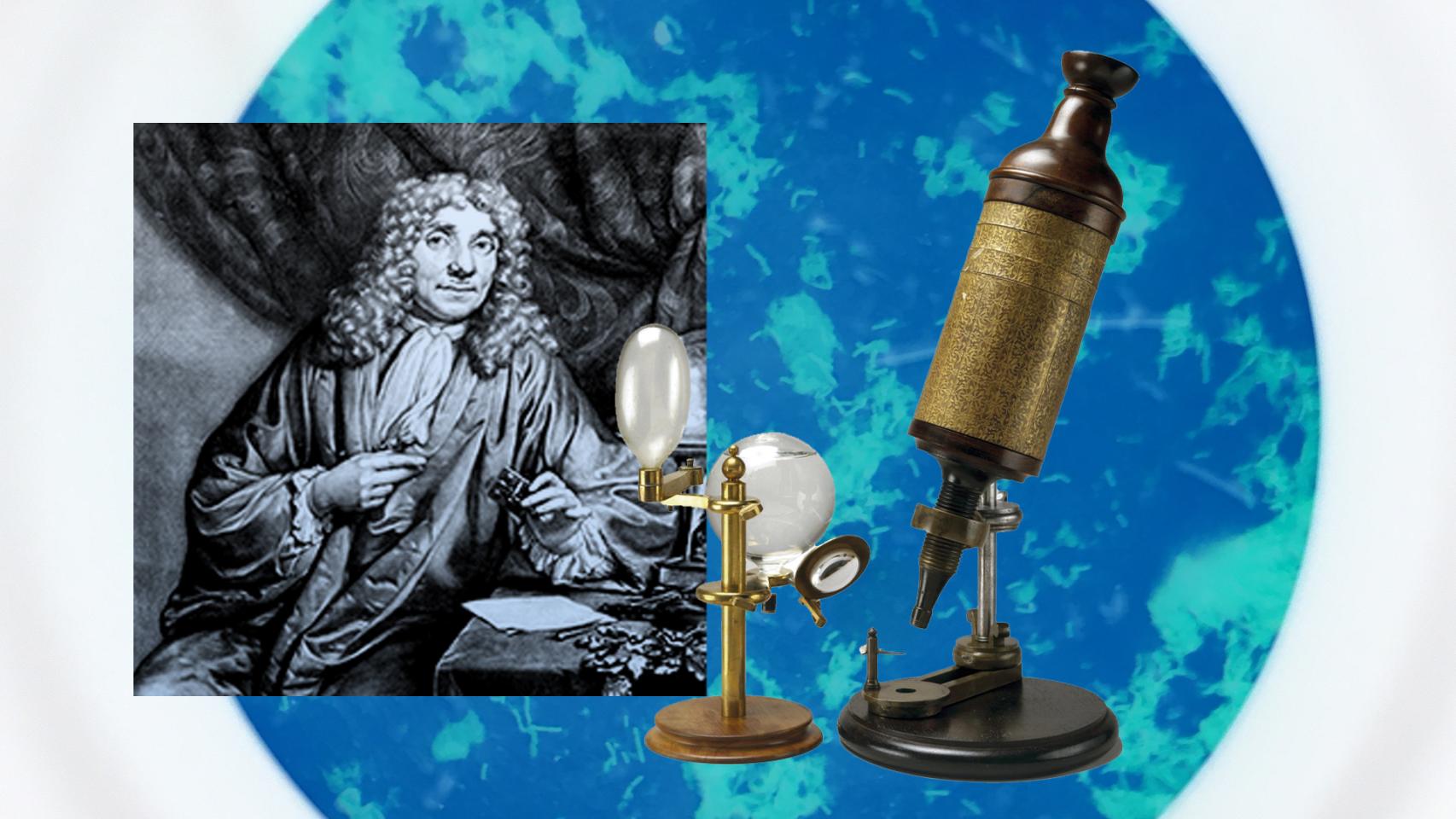Anton van Leeuwenhoek junto a un microscopio.