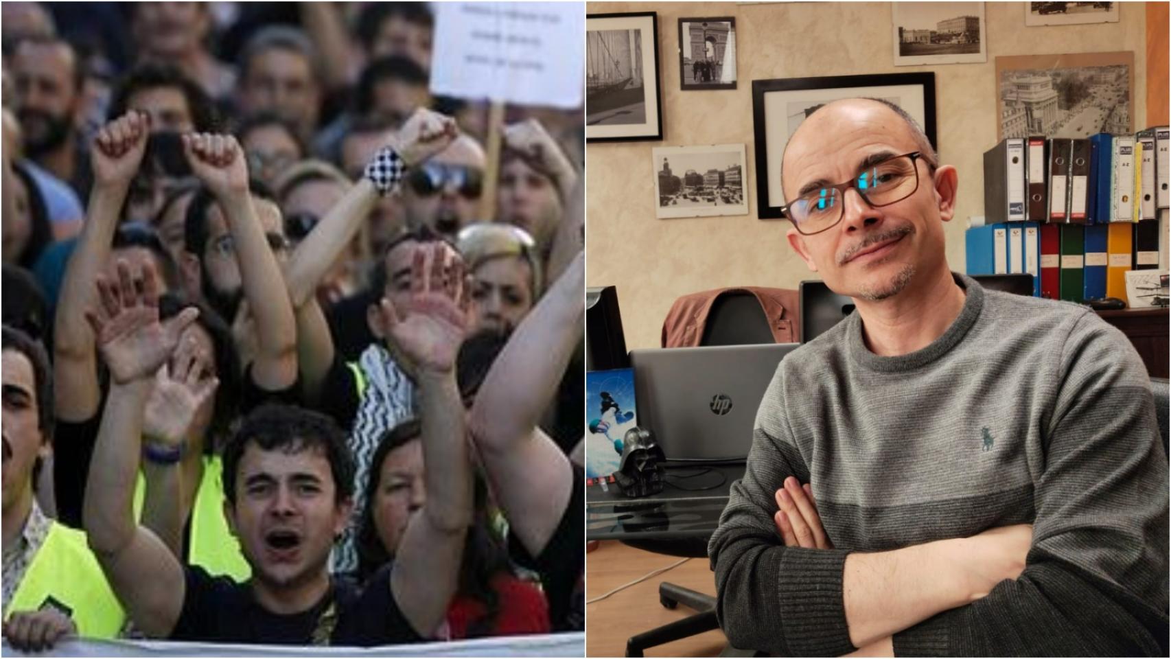 El exportavoz de Democracia Real Ya, Carlos Paredes: a la izquierda durante el 15M y a la derecha en su empresa, en la actualidad.