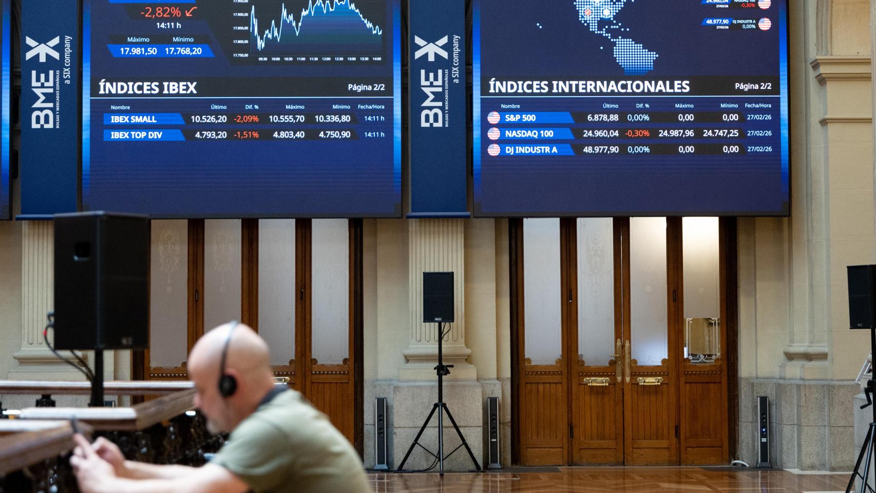 Paneles informativos en la Bolsa de Madrid.
