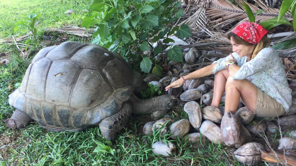 Anna Traveset con una tortuga en Bird Island, Seychelles.