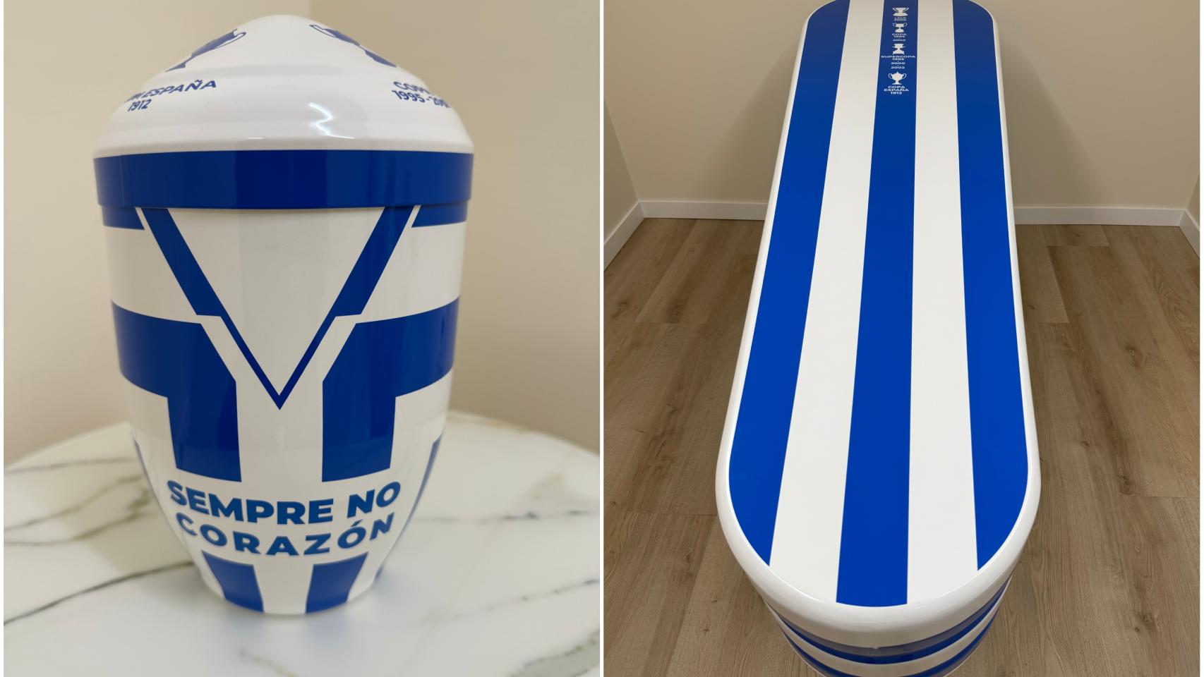 La urna y el ataúd blanquiazules de Pompas Fúnebres de La Coruña