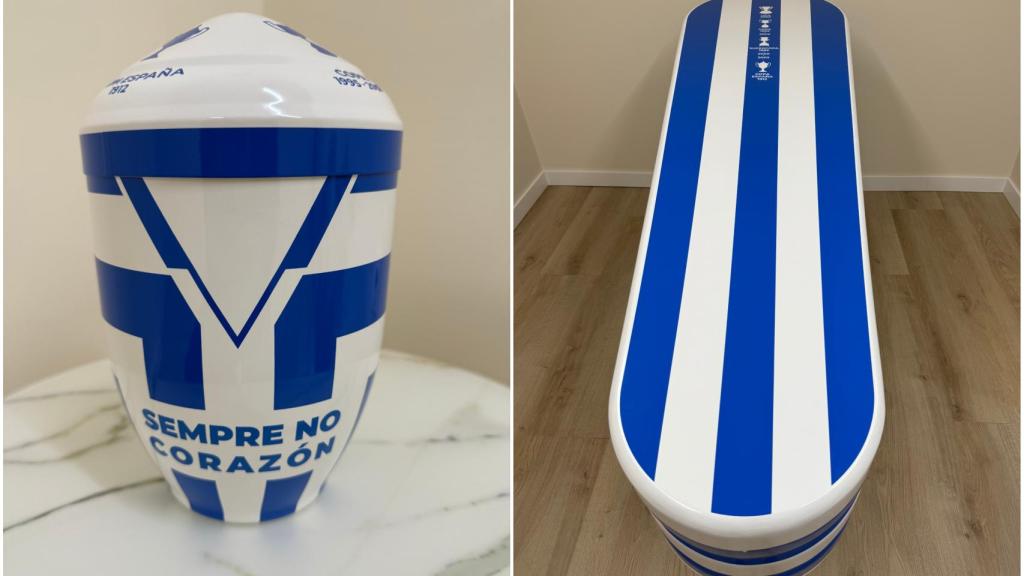 La urna y el ataúd blanquiazules de Pompas Fúnebres de La Coruña