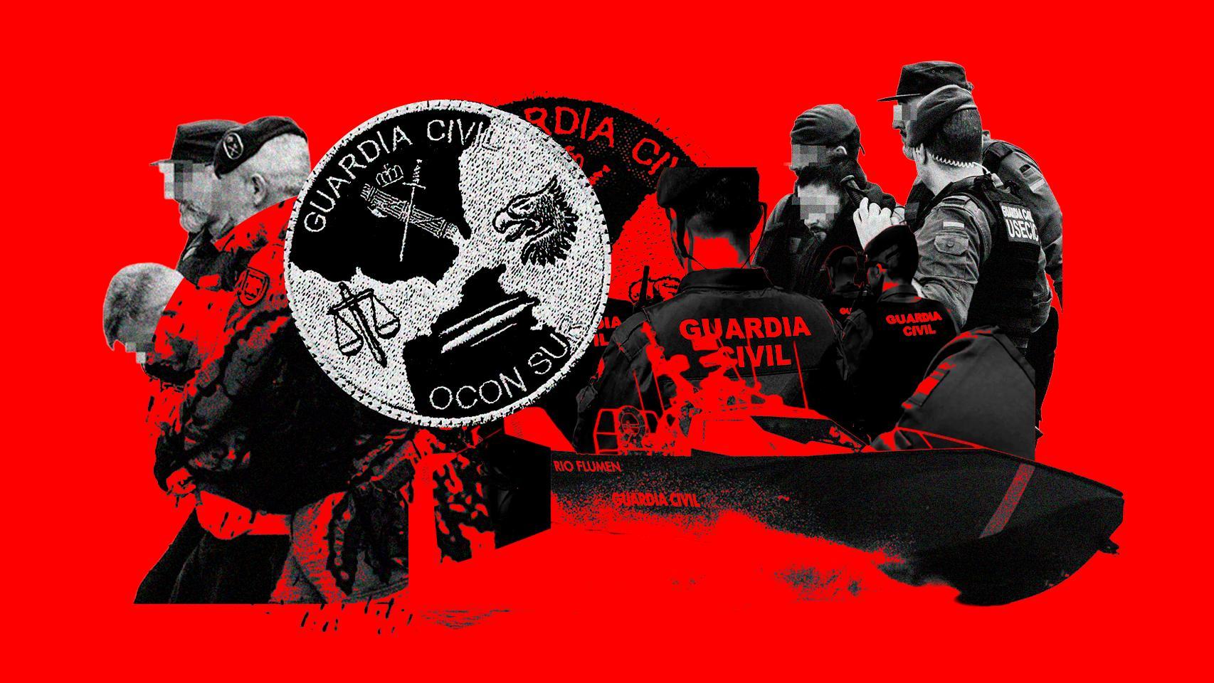 Una ilustración con el logotipo de OCON-Sur y varios agentes de la Guardia Civil.