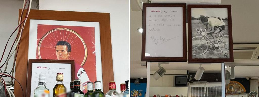 Fotos de Bahamontes que se exhiben en Supermercado Suma y en el local de al lado.
