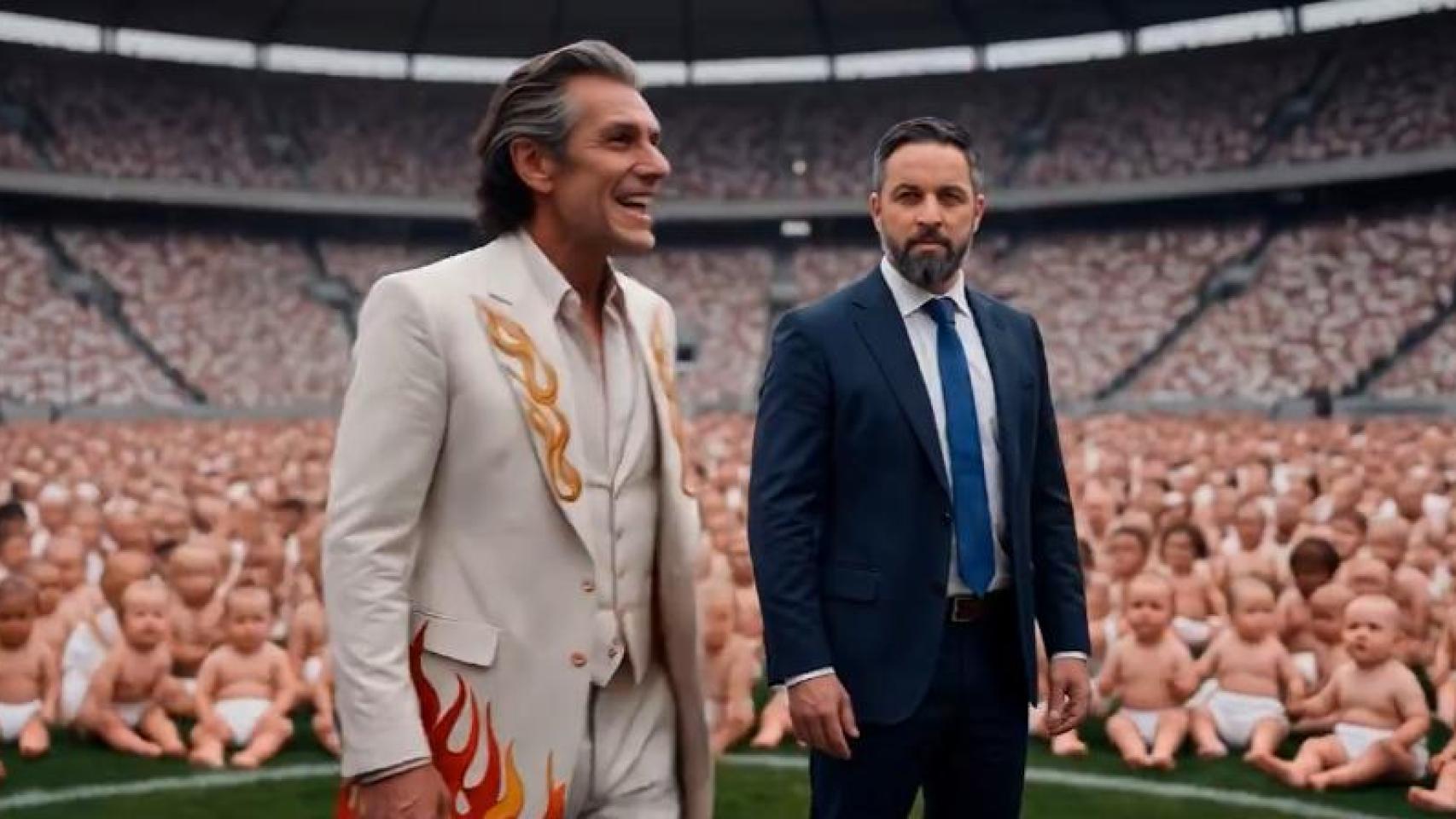 Santiago Abascal ante el Diablo, en un estadio lleno de bebés, en el vídeo generado por IA que ha difundido Hazte Oír.