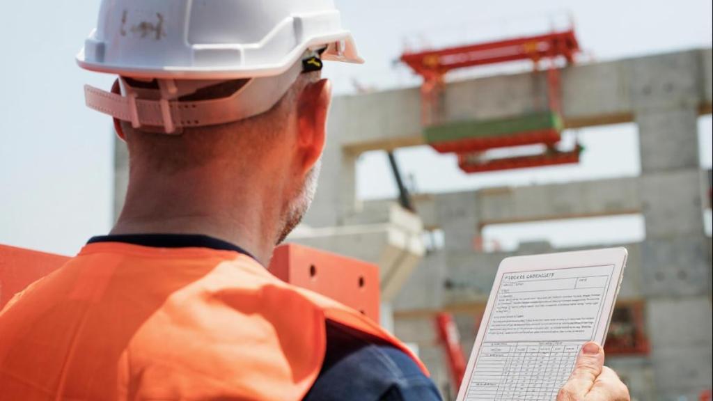 Obrero con una tablet en una obra en construcción. 