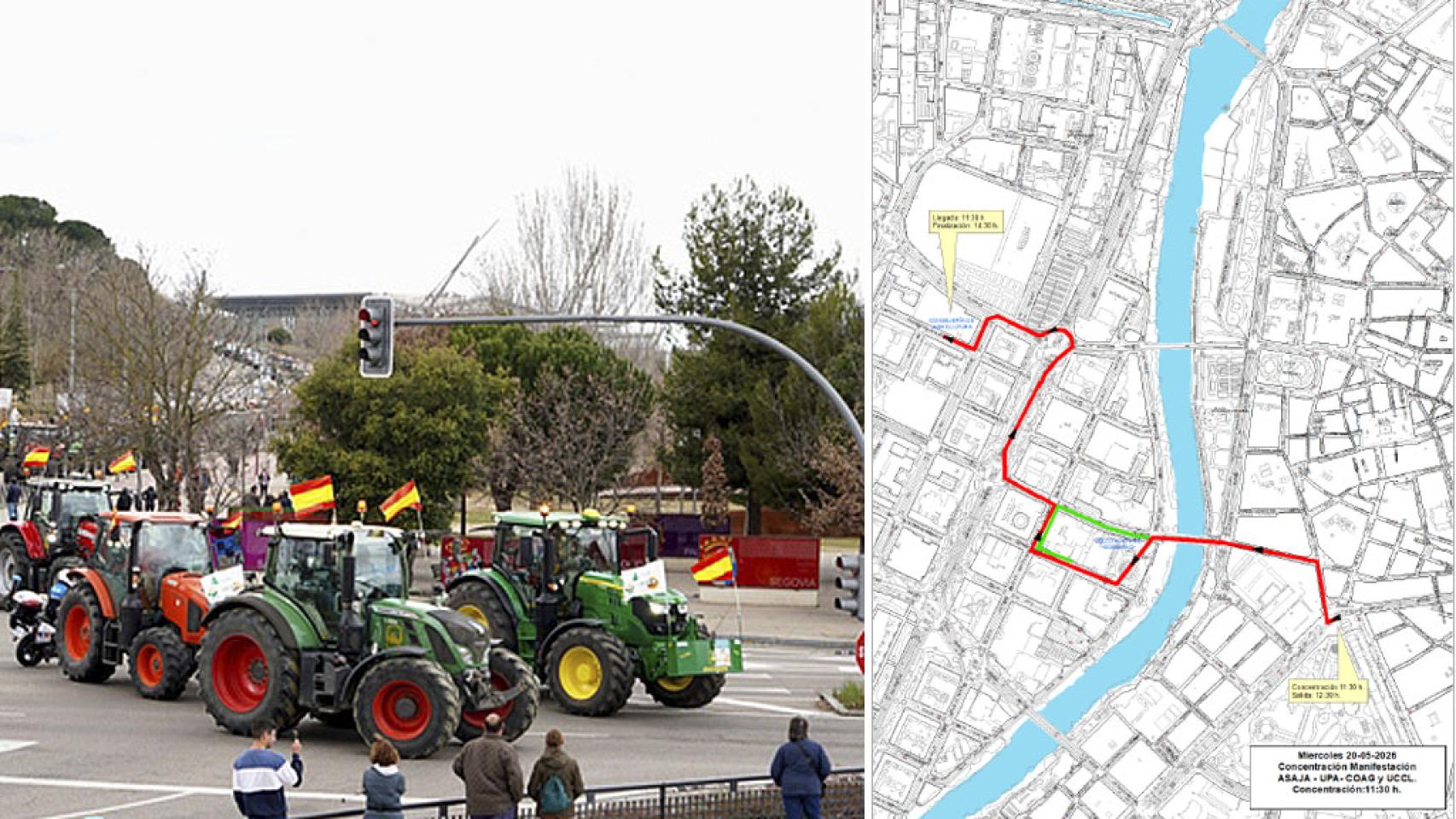 Una tractorada en Valladolid y el plano de la manifestación del 20 de mayo.