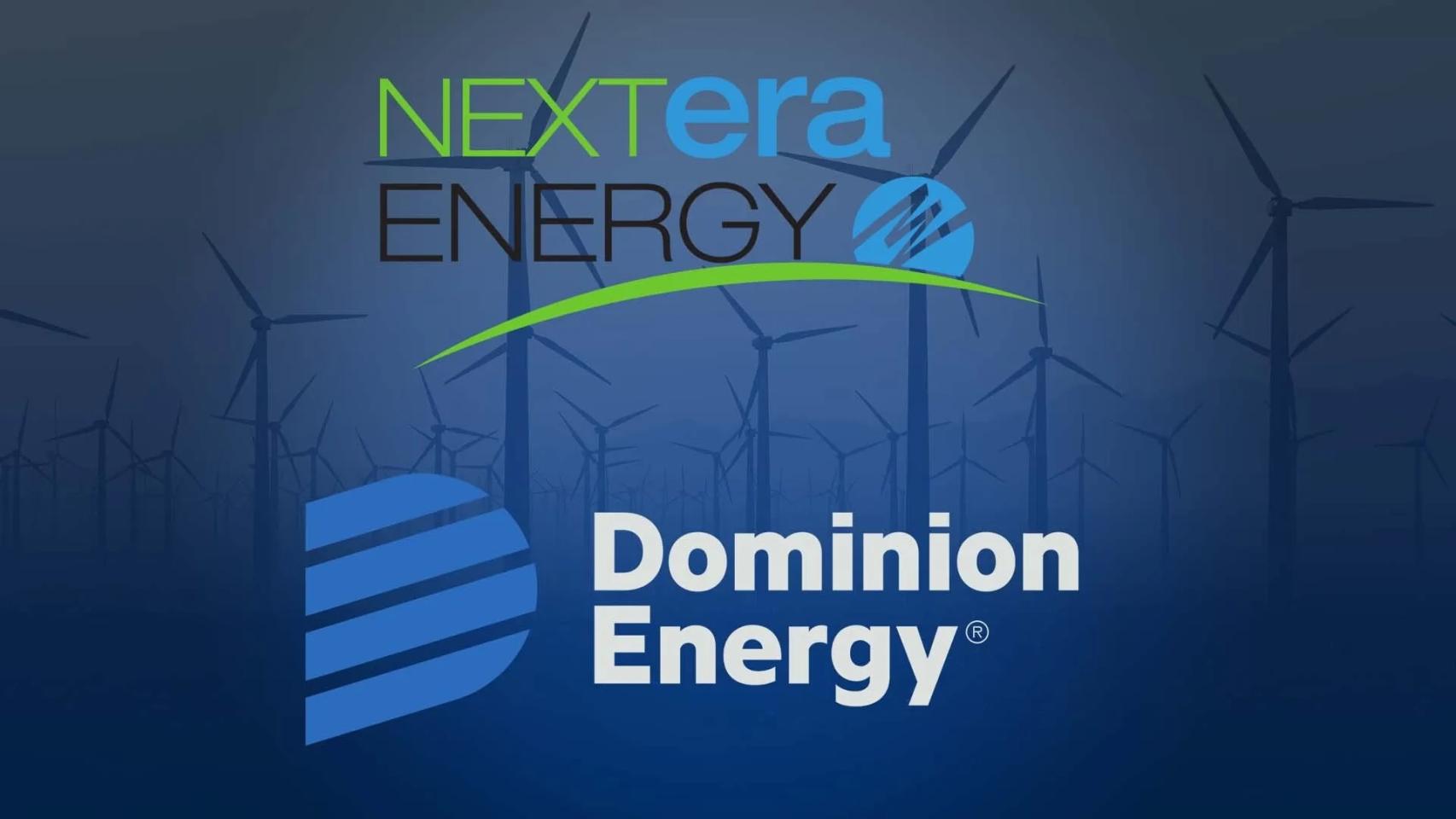 Los logos NextEra Energy y Dominion Energy con un fondo de tecnologías renovables
