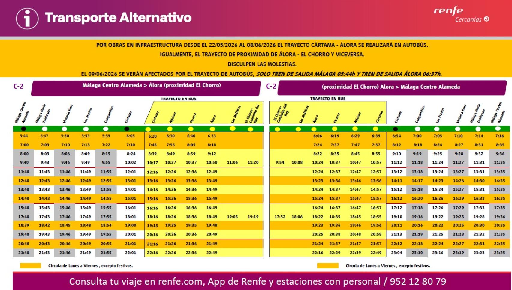 Horarios del plan alternativo de transporte diseñado por Renfe.